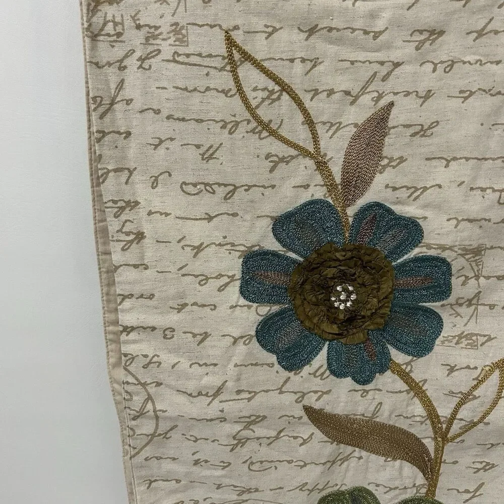Pier 1 One Floral Embroidered Blue Green Tan Table Runner 13”x71” Cottagecore